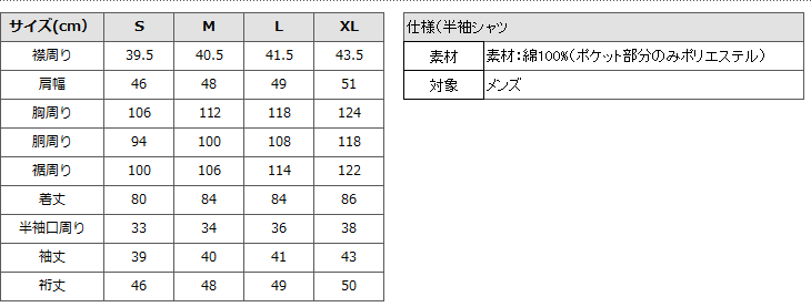 サイズ表(AOタグ/半袖シャツ)